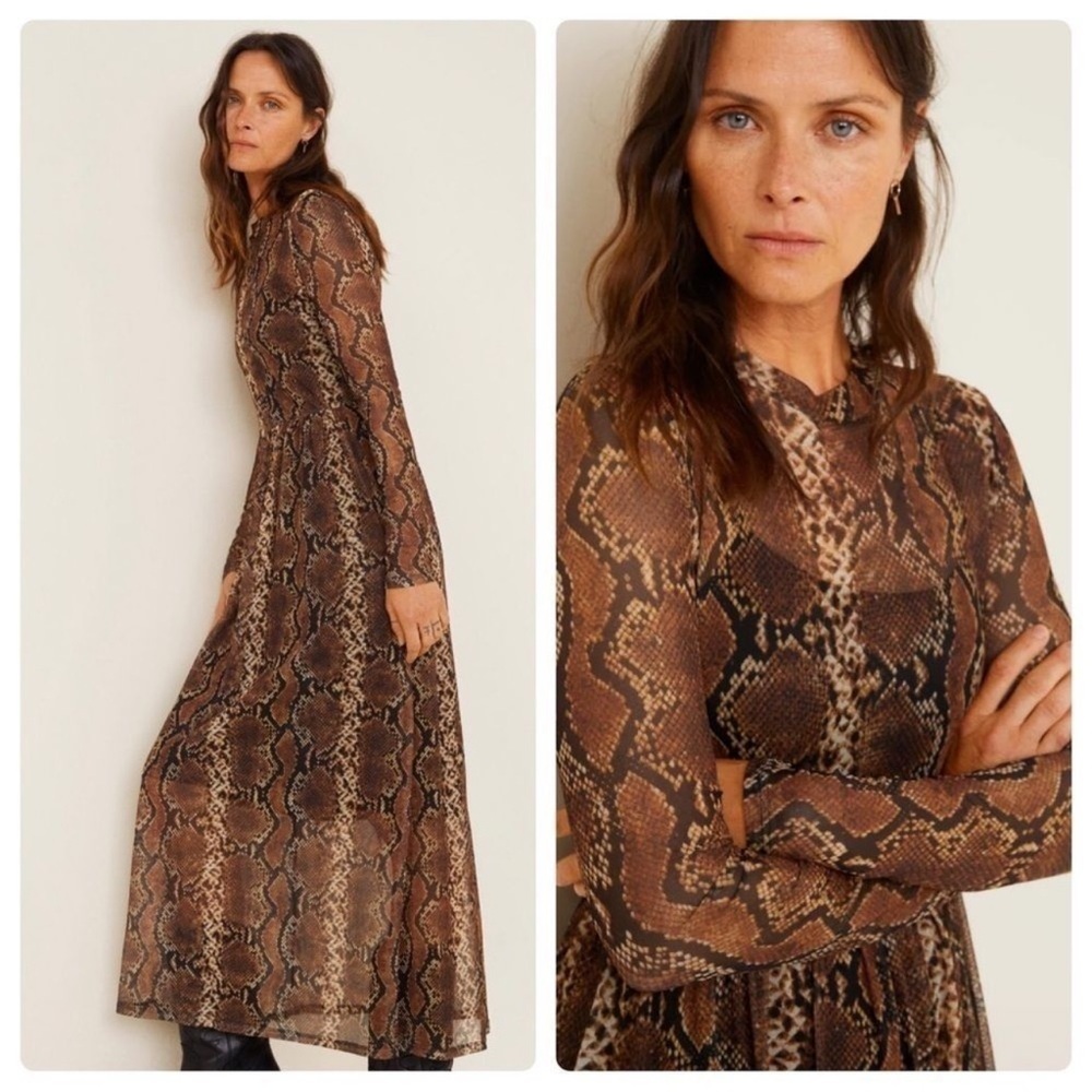 Mango MNG Snake Print Sheer Long Sleeve Midi / Maxi Dress - Picture 4 of 5
